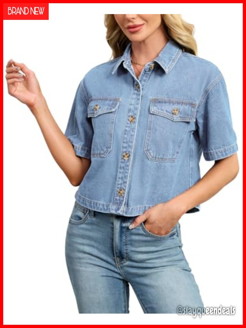 Women's Crop Denim Button Down Short Sleeve Jean Shirt Jacket Cotton Blend